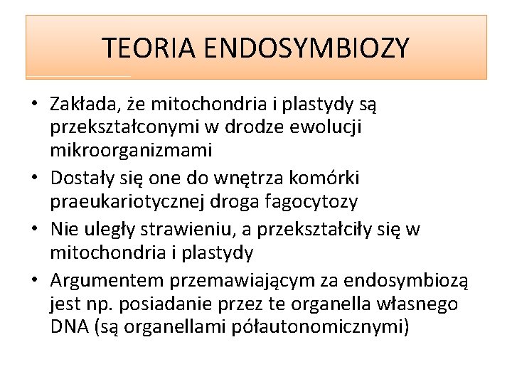 TEORIA ENDOSYMBIOZY • Zakłada, że mitochondria i plastydy są przekształconymi w drodze ewolucji mikroorganizmami