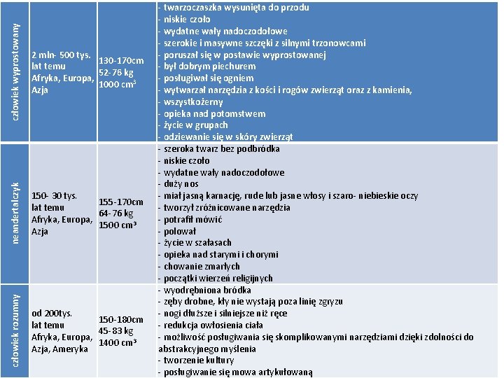 człowiek wyprostowany 2 mln- 500 tys. 130 -170 cm lat temu 52 -76 kg