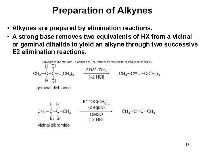 Preparation of Alkynes • Alkynes are prepared by elimination reactions. • A strong base