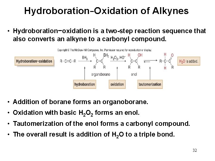Hydroboration−Oxidation of Alkynes • Hydroboration−oxidation is a two-step reaction sequence that also converts an