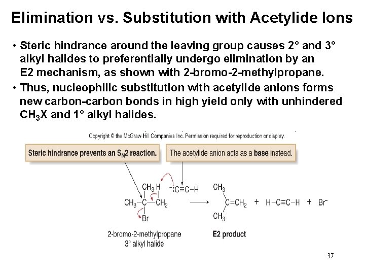 Elimination vs. Substitution with Acetylide Ions • Steric hindrance around the leaving group causes