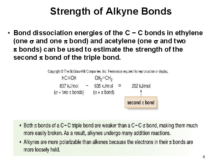 Strength of Alkyne Bonds • Bond dissociation energies of the C − C bonds