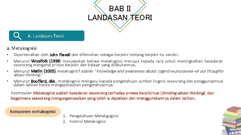 BAB II LANDASAN TEORI A. Landasan Teori a. Metakognisi • Diperkenalkan oleh John Flavell