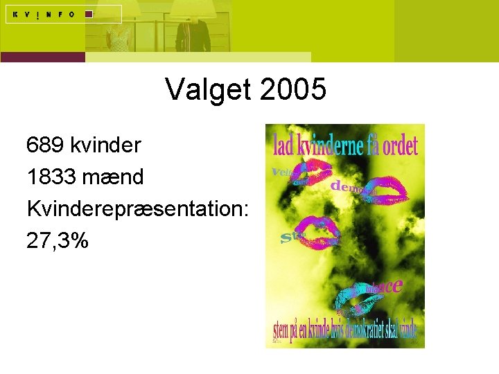 Valget 2005 689 kvinder 1833 mænd Kvinderepræsentation: 27, 3% 