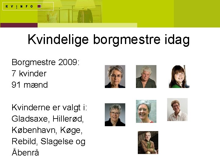 Kvindelige borgmestre idag Borgmestre 2009: 7 kvinder 91 mænd Kvinderne er valgt i: Gladsaxe,