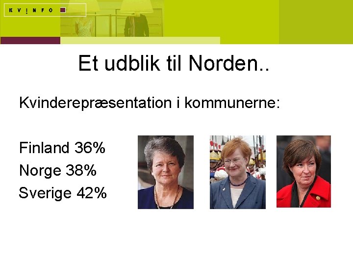 Et udblik til Norden. . Kvinderepræsentation i kommunerne: Finland 36% Norge 38% Sverige 42%