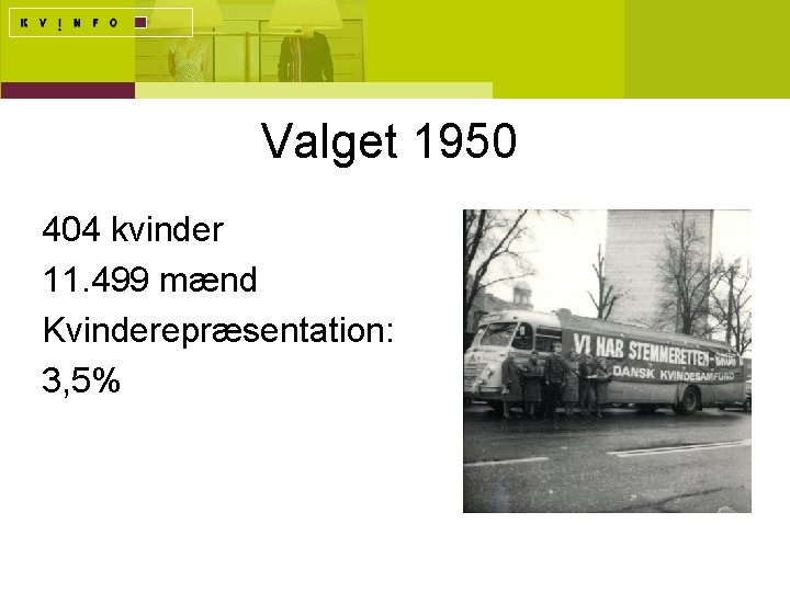 Valget 1950 404 kvinder 11. 499 mænd Kvinderepræsentation: 3, 5% 