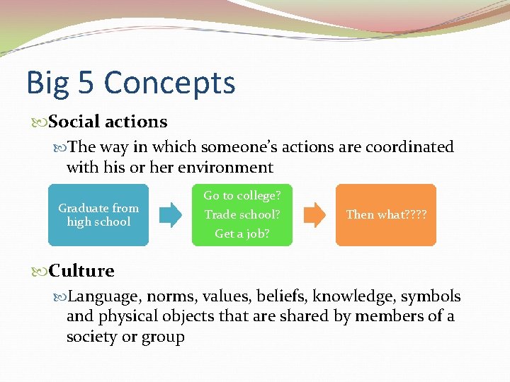 Big 5 Concepts Social actions The way in which someone’s actions are coordinated with