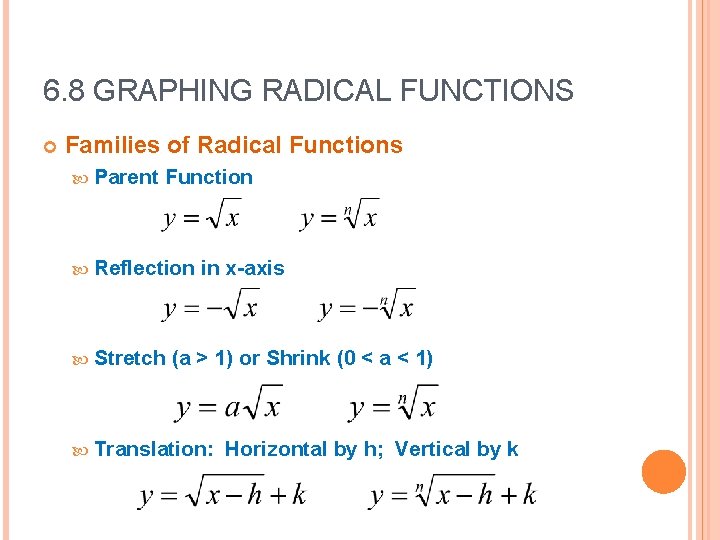 6. 8 GRAPHING RADICAL FUNCTIONS Families of Radical Functions Parent Function Reflection Stretch in