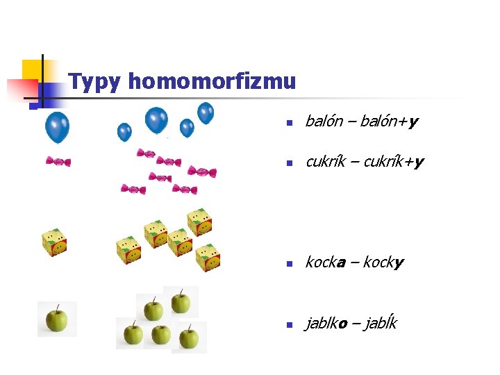 Typy homomorfizmu n balón – balón+y n cukrík – cukrík+y n kocka – kocky