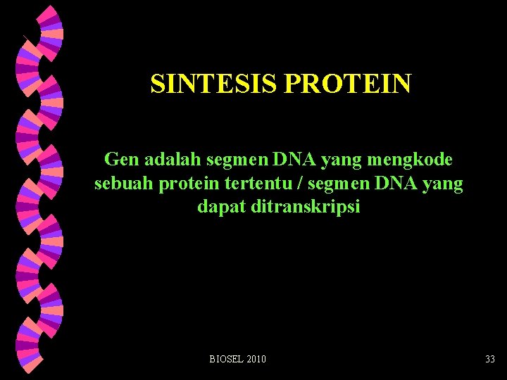 SINTESIS PROTEIN Gen adalah segmen DNA yang mengkode sebuah protein tertentu / segmen DNA
