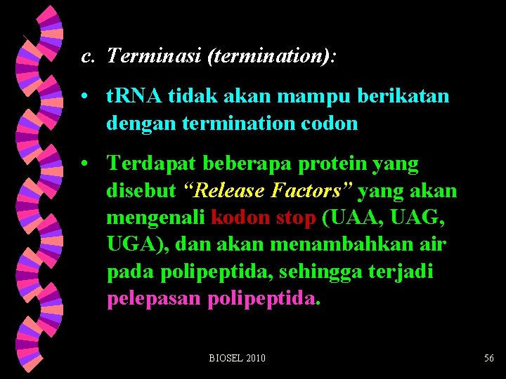 c. Terminasi (termination): • t. RNA tidak akan mampu berikatan dengan termination codon •