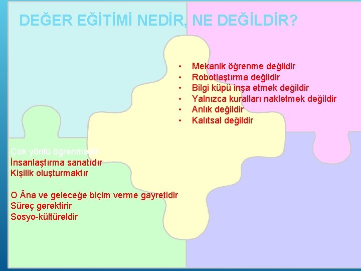 DEĞER EĞİTİMİ NEDİR, NE DEĞİLDİR? • • • Çok yönlü öğrenmedir İnsanlaştırma sanatıdır Kişilik