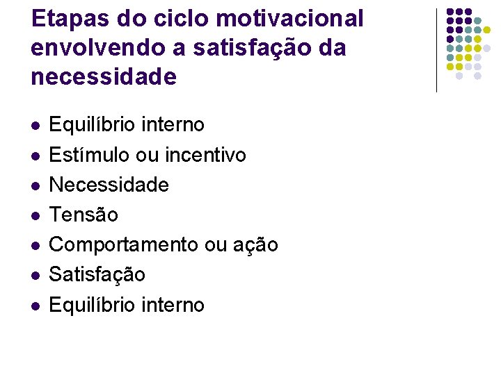 Etapas do ciclo motivacional envolvendo a satisfação da necessidade l l l l Equilíbrio