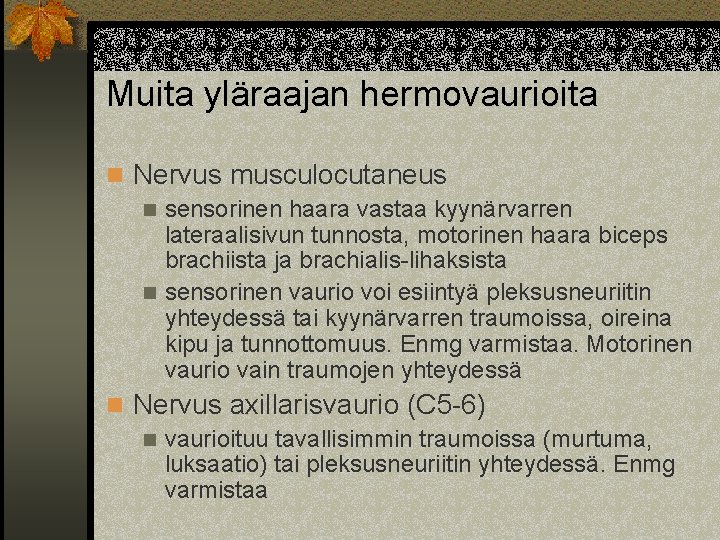 Muita yläraajan hermovaurioita n Nervus musculocutaneus n sensorinen haara vastaa kyynärvarren lateraalisivun tunnosta, motorinen