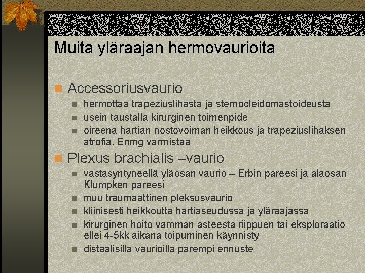 Muita yläraajan hermovaurioita n Accessoriusvaurio hermottaa trapeziuslihasta ja sternocleidomastoideusta n usein taustalla kirurginen toimenpide