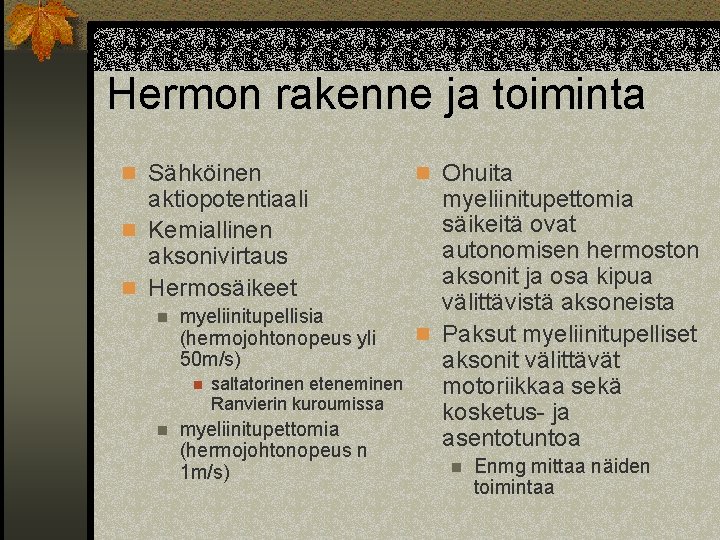 Hermon rakenne ja toiminta n Sähköinen aktiopotentiaali n Kemiallinen aksonivirtaus n Hermosäikeet n myeliinitupellisia