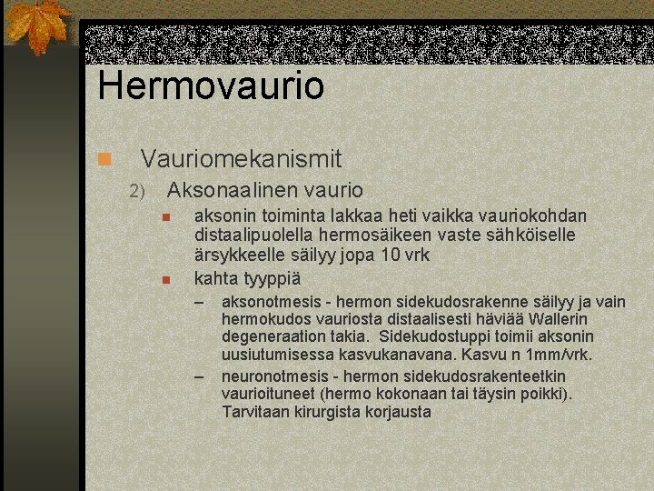 Hermovaurio n Vauriomekanismit 2) Aksonaalinen vaurio n n aksonin toiminta lakkaa heti vaikka vauriokohdan