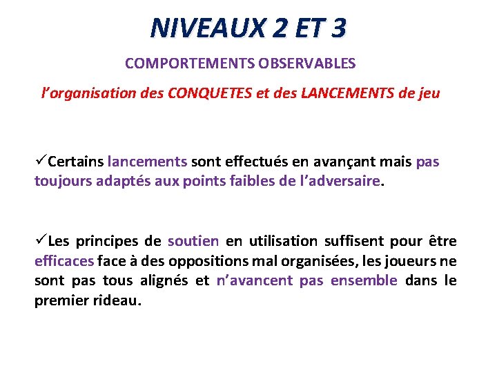 NIVEAUX 2 ET 3 COMPORTEMENTS OBSERVABLES l’organisation des CONQUETES et des LANCEMENTS de jeu