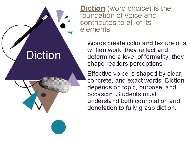 Diction (word choice) is the foundation of voice and contributes to all of its