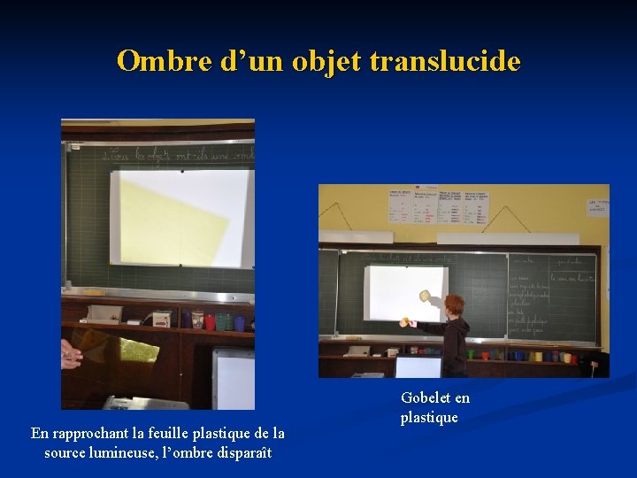 Ombre d’un objet translucide En rapprochant la feuille plastique de la source lumineuse, l’ombre Ombre d’un objet translucide En rapprochant la feuille plastique de la source lumineuse, l’ombre