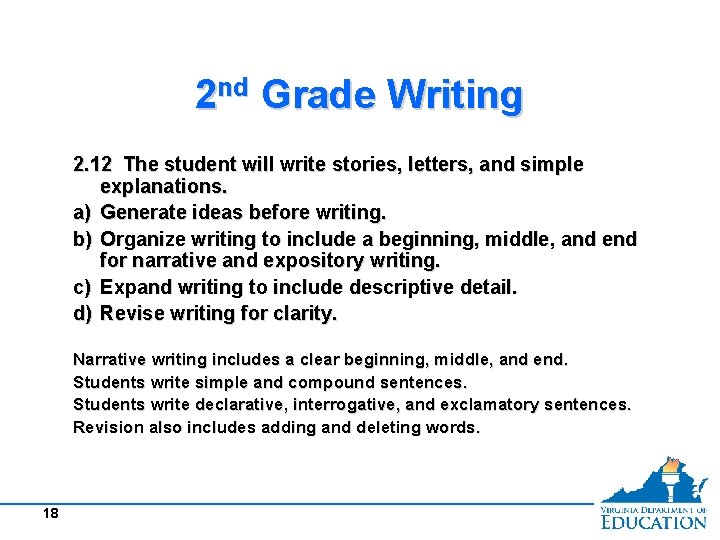 2 nd Grade Writing 2. 12 The student will write stories, letters, and simple