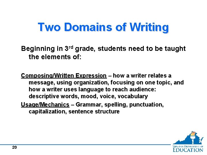 Two Domains of Writing Beginning in 3 rd grade, students need to be taught