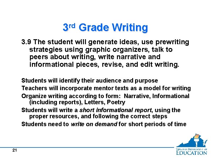 3 rd Grade Writing 3. 9 The student will generate ideas, use prewriting strategies