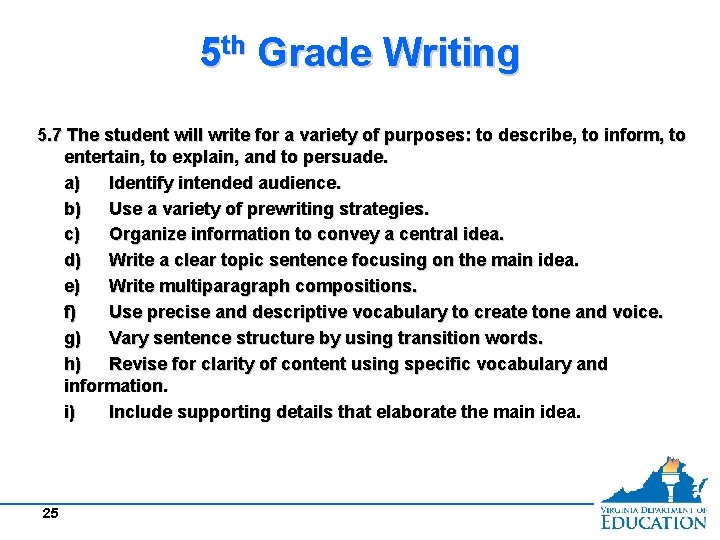 5 th Grade Writing 5. 7 The student will write for a variety of