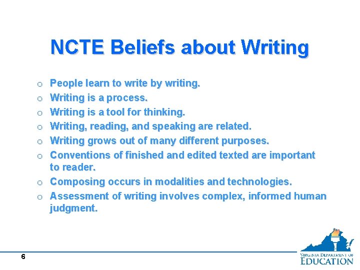 NCTE Beliefs about Writing People learn to write by writing. Writing is a process.