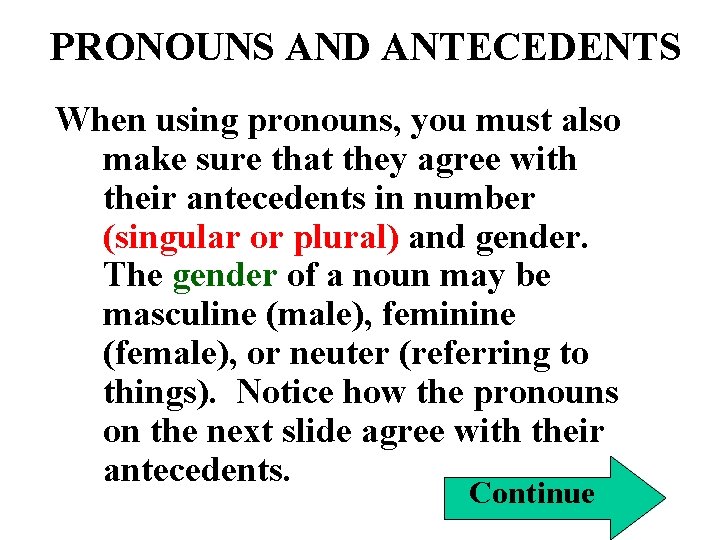 PRONOUNS AND ANTECEDENTS When using pronouns, you must also make sure that they agree