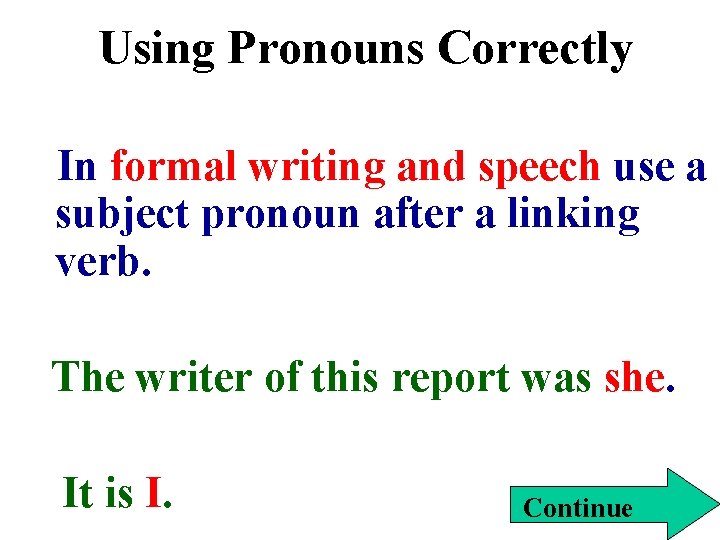 Using Pronouns Correctly In formal writing and speech use a subject pronoun after a