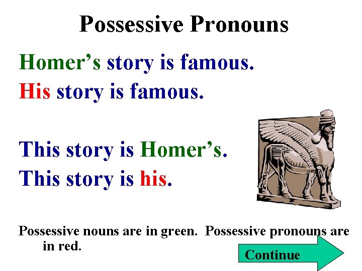 Possessive Pronouns Homer’s story is famous. His story is famous. This story is Homer’s.