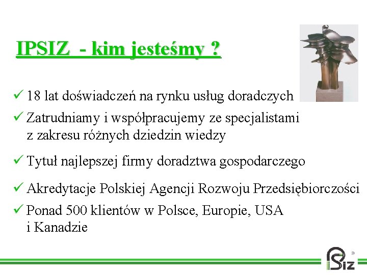 IPSIZ - kim jesteśmy ? ü 18 lat doświadczeń na rynku usług doradczych ü