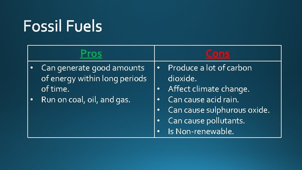 Pros • Can generate good amounts of energy within long periods of time. • Pros • Can generate good amounts of energy within long periods of time. •