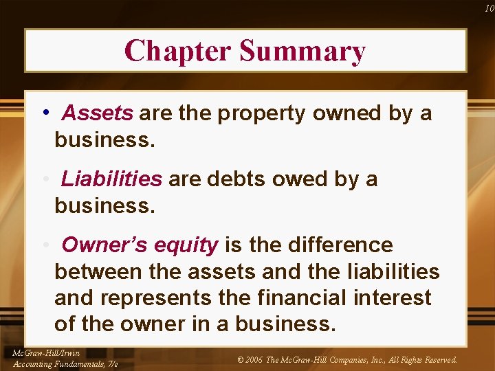 10 Chapter Summary • Assets are the property owned by a business. • Liabilities