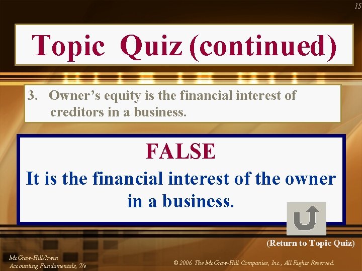 15 Topic Quiz (continued) 3. Owner’s equity is the financial interest of creditors in