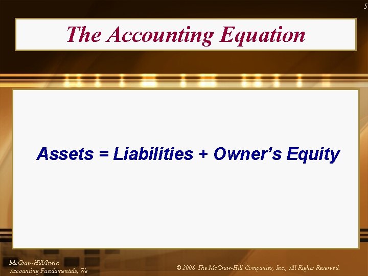 5 The Accounting Equation Assets = Liabilities + Owner’s Equity Mc. Graw-Hill/Irwin Accounting Fundamentals,