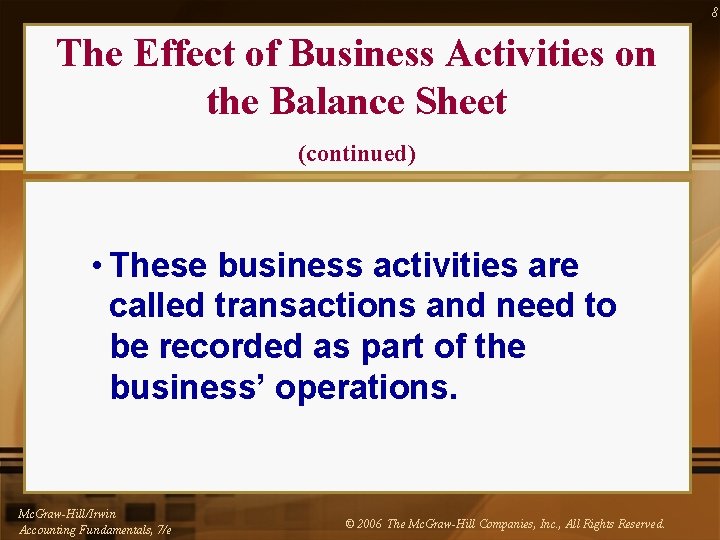 8 The Effect of Business Activities on the Balance Sheet (continued) • These business 8 The Effect of Business Activities on the Balance Sheet (continued) • These business
