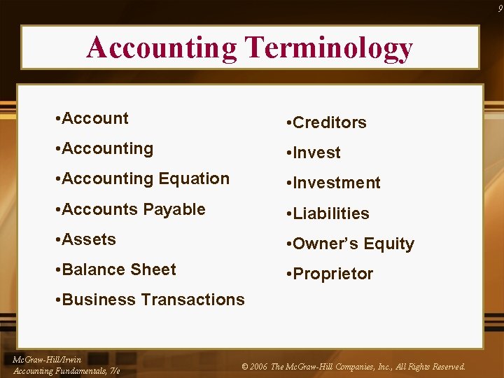 9 Accounting Terminology • Account • Creditors • Accounting • Invest • Accounting Equation
