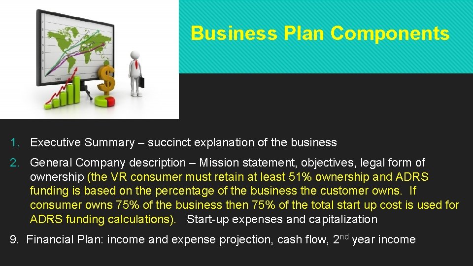 Business Plan Components 1. Executive Summary – succinct explanation of the business 2. General Business Plan Components 1. Executive Summary – succinct explanation of the business 2. General