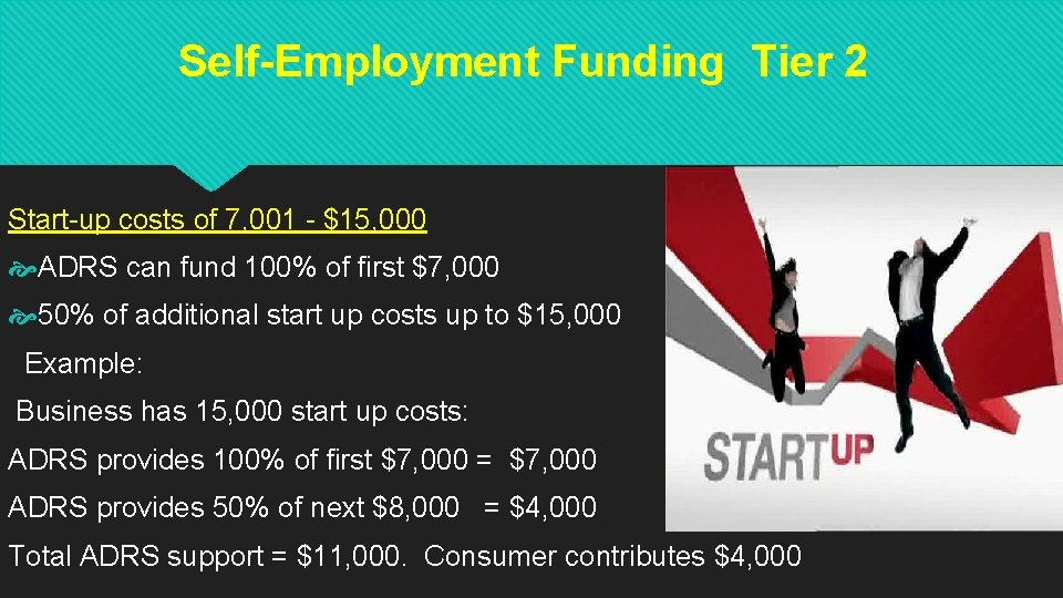 Self-Employment Funding Tier 2 Start-up costs of 7, 001 - $15, 000 ADRS can Self-Employment Funding Tier 2 Start-up costs of 7, 001 - $15, 000 ADRS can