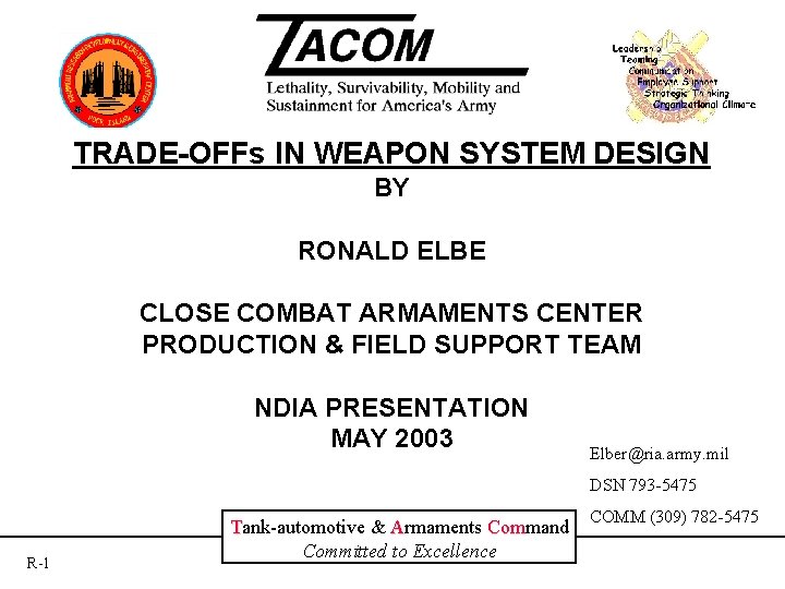 TRADE-OFFs IN WEAPON SYSTEM DESIGN BY RONALD ELBE CLOSE COMBAT ARMAMENTS CENTER PRODUCTION &