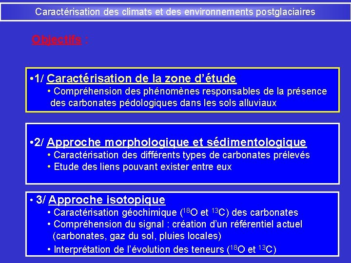 Caractérisation des climats et des environnements postglaciaires Objectifs : • 1/ Caractérisation de la