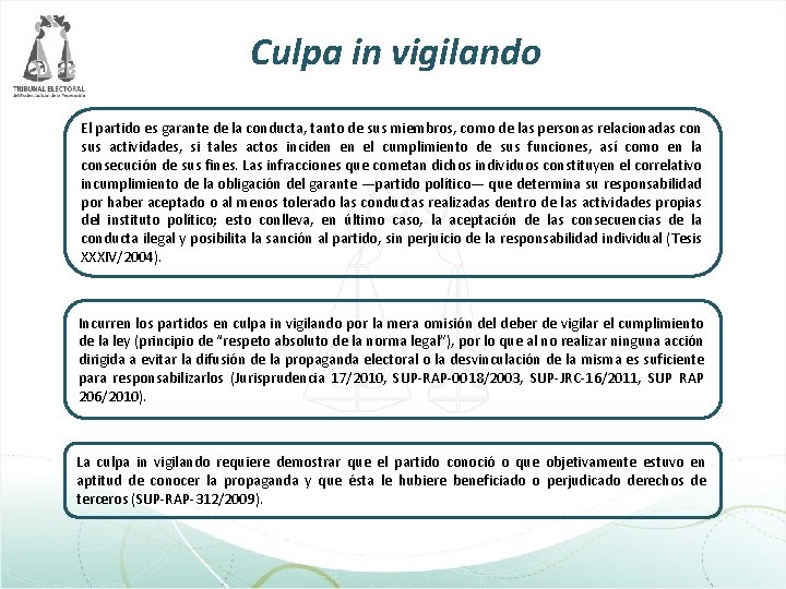 Culpa in vigilando El partido es garante de la conducta, tanto de sus miembros,