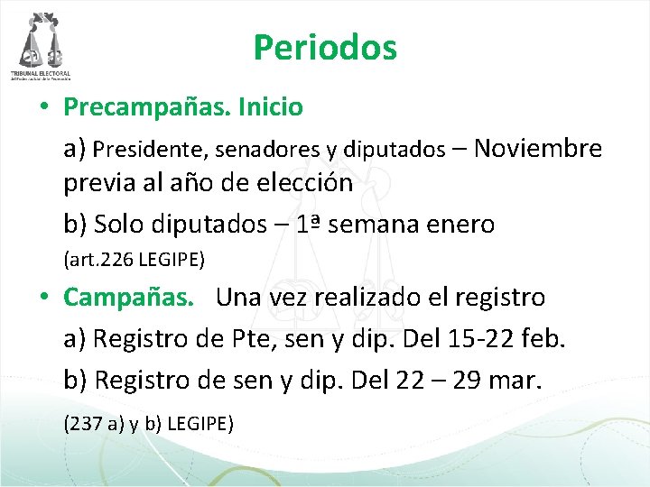 Periodos • Precampañas. Inicio a) Presidente, senadores y diputados – Noviembre previa al año