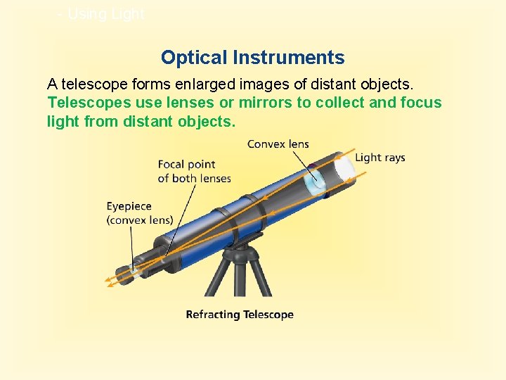 - Using Light Optical Instruments A telescope forms enlarged images of distant objects. Telescopes