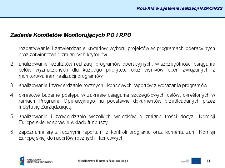 Rola KM w systemie realizacji NSRO/NSS Zadania Komitetów Monitorujących PO i RPO 1. rozpatrywanie
