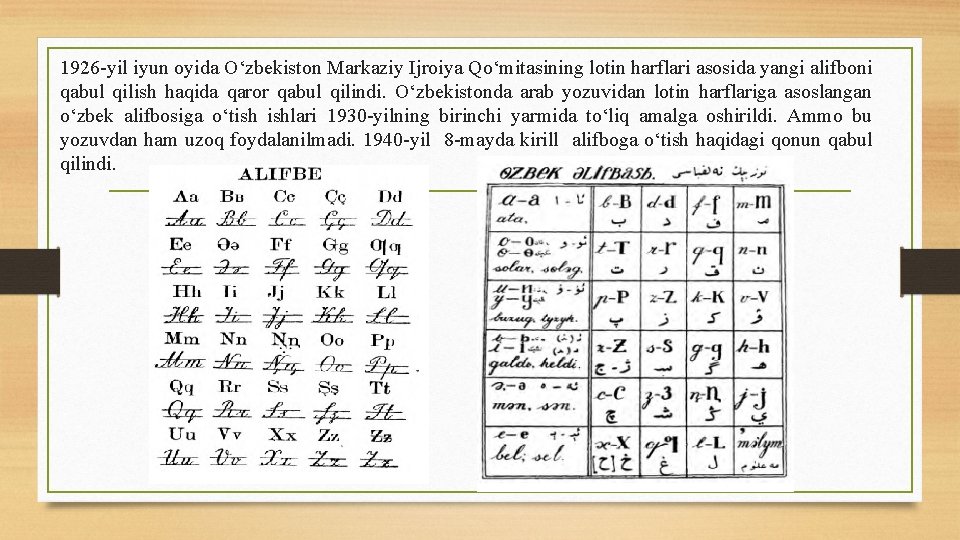 1926 -yil iyun oyida O‘zbekiston Markaziy Ijroiya Qo‘mitasining lotin harflari asosida yangi alifboni qabul