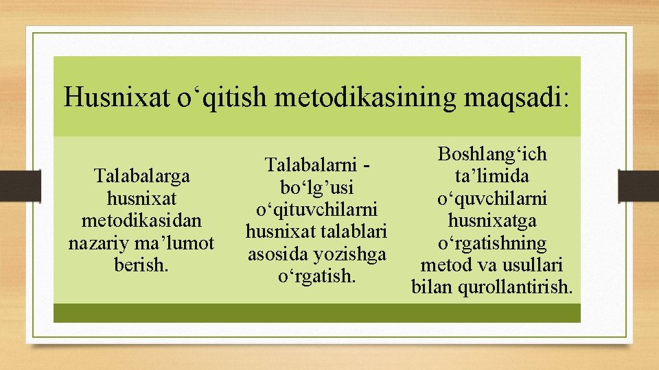 Husnixat o‘qitish metodikasining maqsadi: Talabalarga husnixat metodikasidan nazariy ma’lumot berish. Boshlang‘ich Talabalarni ta’limida bo‘lg’usi